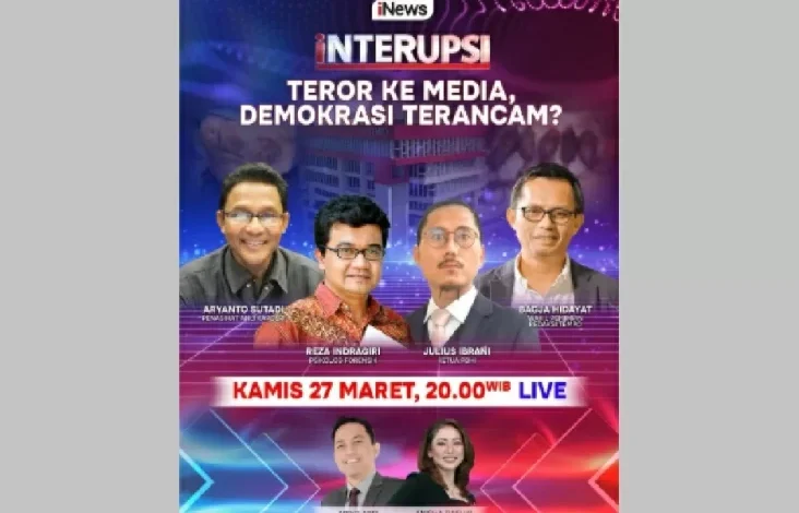 Waktu petang Hal ini Teror ke Media, Demokrasi Terancam? pada pada INTERUPSI sama-sama Ariyo Ardi, Anisha Dasuki juga Para Narasumber Kredibel Lainnya Live pada di iNews